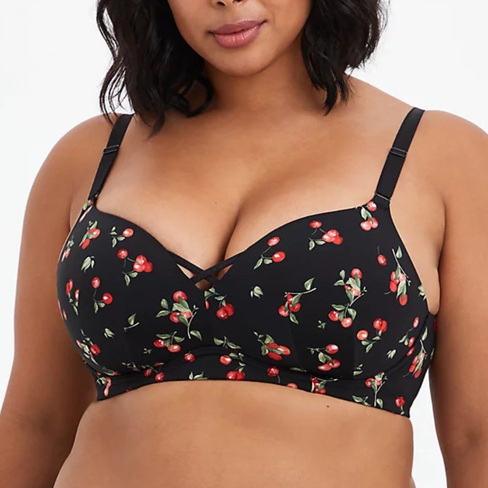 Push-Up Wire-Free Bra - Cherries Black with 360° Back Smoothing